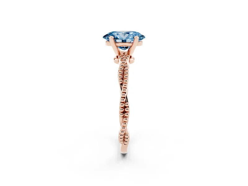 Fancy Blue Oval Cut Diamond Solitaire Ring Set in Rose gold with Twisted Band and Bead Prong Setting