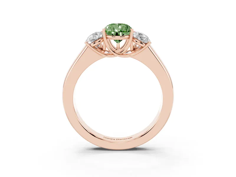 Fancy Green Three-Stone Pear Cut Diamond Ring Set in Rose gold with Matching Prong Settings and Plain Band