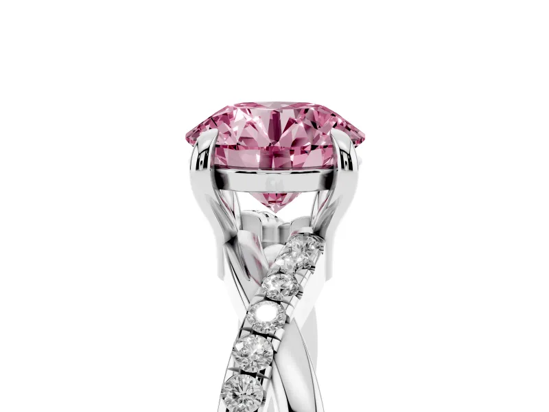 Fancy Pink Round Cut Diamond Twist Band Solitaire Set in White gold with Pavé Accents and Prong Setting