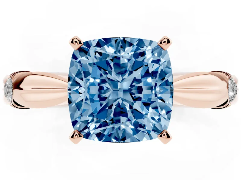 Fancy Blue Cushion Cut Diamond Solitaire Twisted Band Ring Set in Rose gold with Accent Stones and Prong Setting