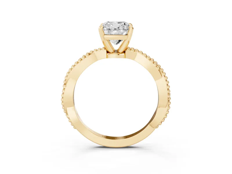 Cushion Cut Twisted Solitaire Engagement Ring Setting | Beaded Twist Band | Yellow Gold