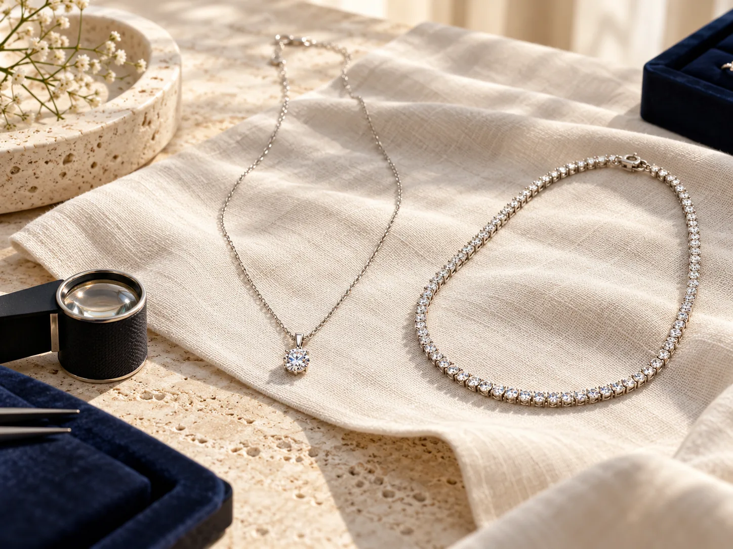 Layered necklaces laid out on linen