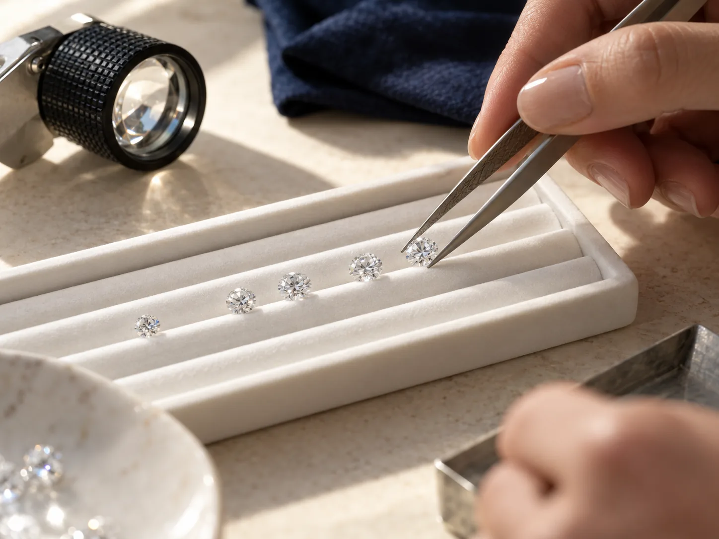 Loose diamonds being matched on a sorting tray