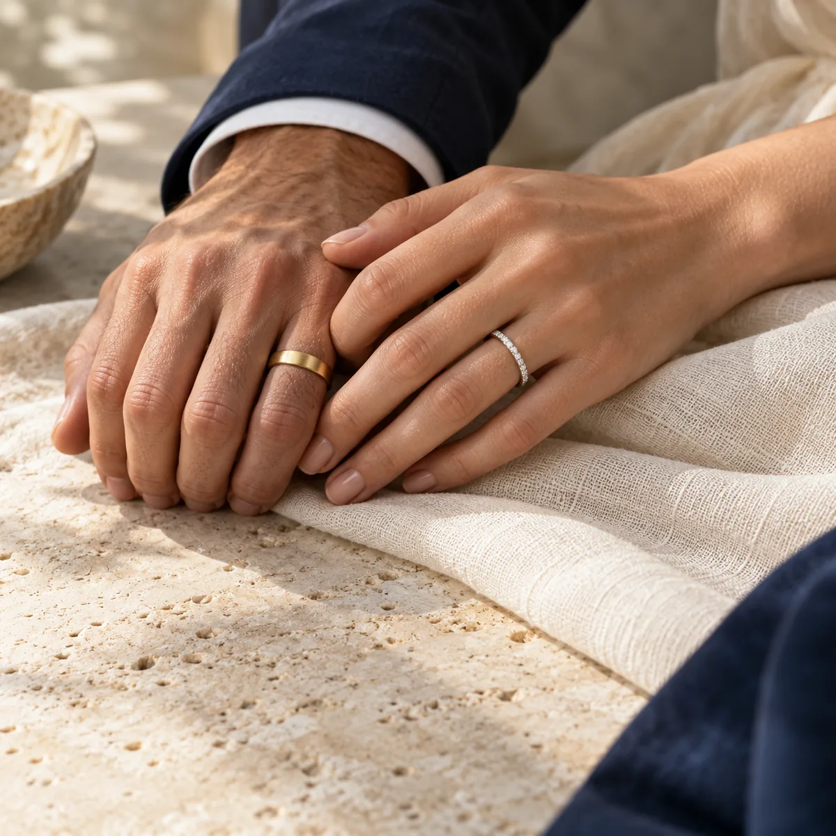 Diamond wedding bands on joined hands